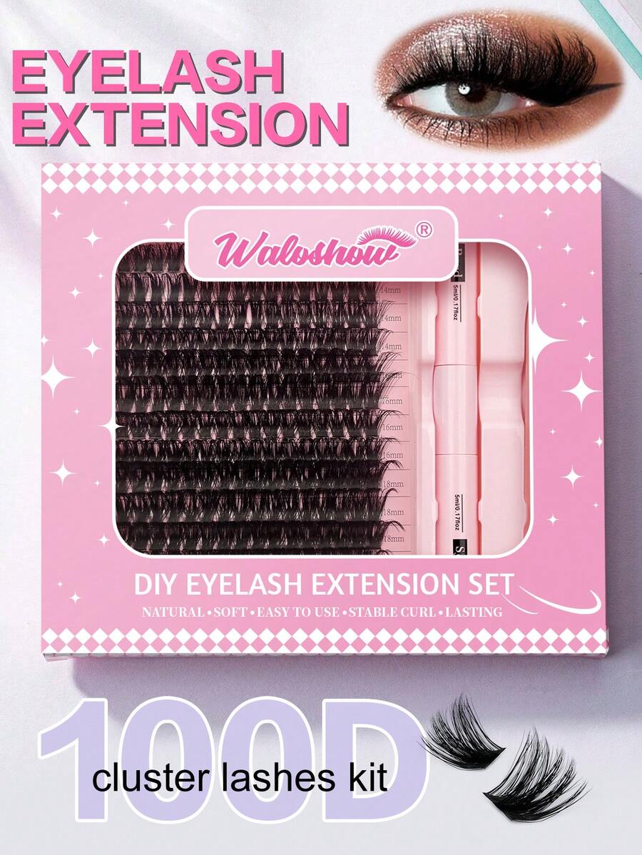 Waloshow Sanishi Lashes Eyelash Curler, 240 Clusters, D-Shaped Curling, 30D 40D 50D 80D 100D 12-18mm Length, Individual Eyelash Curler, DIY Eyelash Curler, Thin & Thick Stem Eyelash Curler, With Applicator, Eyelash Glue & Sealer, Eyelash Curler Set - Black - View 1