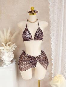 Bộ bikini nữ, đồ bơi 3 mảnh với họa tiết da báo, áo ngực tam giác, quần bơi buộc dây bên hông, váy ngắn lưới và điểm nhấn vòng kim loại, đồ đi biển mùa hè gợi cảm cho kỳ nghỉ. - Nhiều màu - Xem 1