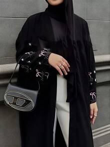 蝴蝶结刺绣女式简约礼服外套，适合沙特阿拉伯、迪拜开斋节、豪华伊斯兰土耳其节日派对长袍 - 黑色 - 查看 5