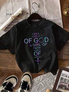 Girl's Cotton T-Shirt, Christian Faith T-Shirt - Jesus Is My Beloved And Printed With Bible Verses (Faith, Hope, Love) - Casual Printed Round Neck Short Sleeved Top, Suitable For Church, Gym, And Daily Wear - Machine Washable Gift, Suitable For Teenagers. - 黑色 - 查看 2
