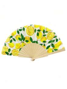 柠檬印花折叠扇，西班牙木质扇子，便携式折叠布艺柠檬竹扇，主题派对装饰手扇，适用于度假/主题派对、新娘送礼会、婚礼、伴娘礼物、万圣节服装等场合，女士配饰 - 彩色 - 查看 3