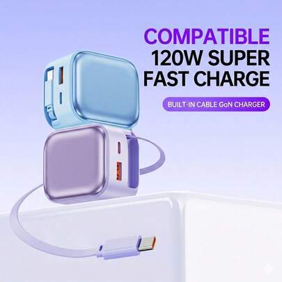 120W Fast Charging Adapter, USB A+C Dual Port With Built-In Type C Cable, Portable Wall Charger Compatible With IPhone 17 Pro Max/17 Pro/17/16/15, Earphones, Tablets, Watches, Smartphones