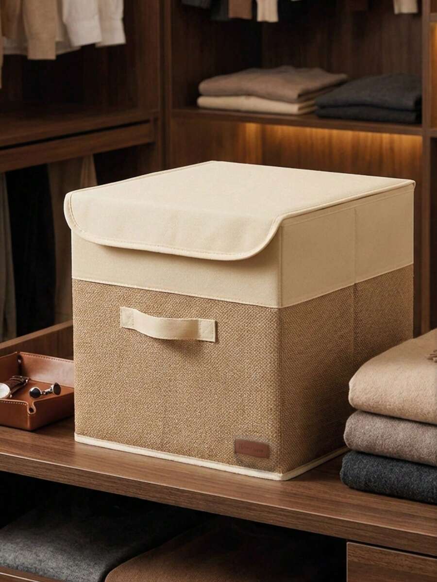 Jute Leather Handle Box With Lid 30x30x30 - Brown - View 1