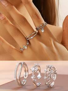 Conjunto de 3 anéis modernos e elegantes com zircônias cúbicas brilhantes em formato de coração, flor e design geométrico trançado. Design inovador, leve e luxuoso, com anéis ajustáveis. Acessórios femininos para o dia a dia, encontros e festas. - Prata - Ver 9