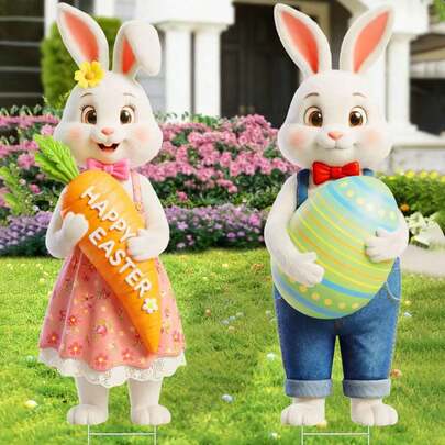 2 件装复活节兔子花园标牌，白色和黄色兔子 2D 亚克力牌匾装饰 – 非常适合复活节派对庆祝活动、户外草坪和花园装饰 – 无需电力或羽毛。