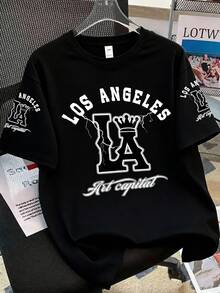 Teenage Boys' Fashion Letter Print Short Sleeve T-Shirt, Soft And Comfortable Fabric, Spring/Summer - Black - View 1