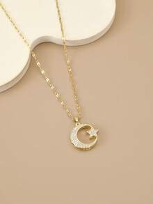 1pc Fashion Cubic Zirconia Studded Star, Moon Stainless Steel Necklace For Women, Heart, Butterfly, Gold Jewelry, Stainless Steel Chain, Women's Jewelry, Summer Vacation, Beach Party, Eid Gift, Birthday Gift, Gift For Loved Ones - Yellow Gold - View 2