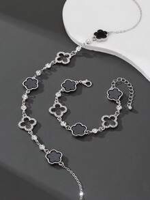 1 Set Luxury Rhinestone Hollow Clover & Flower Pendant Necklace And Bracelet Jewelry Set, Versatile Gift For Her - Black - View 4