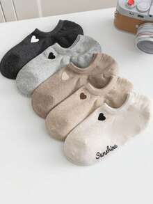 5 pares de calcetines invisibles para mujer con bordado de corazón, transpirables, calcetines invisibles tipo barco de corte bajo para mujer - Multicolor - Ver 8