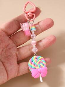 New Cute Soft Clay Striped Beaded Ice Cream Keychain, Simulated Lollipop Keyring, Bag Pendant - Multicolor - View 13