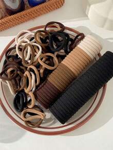 100pcs/50pcs/10pcs/1pc High Elasticity Mixed Coffee Color Hair Ties Set, Women Ponytail Holders, Minimalist Seamless Hair Ties, Suitable For Women Daily, Commuting, Sports, Essential Hair Accessories For Ponytail Hair Rubber Bands Scrunchies Hair Rope Running Travel Essentials - Multicolor - View 2