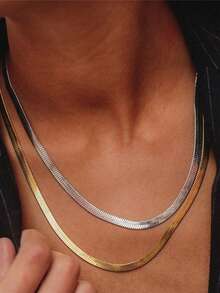 1 pieza Collar con cadena plana de acero inoxidable y estilo punk, chapado en oro de 18K, no se desvanece, versátil y liso, adecuado para hombres y mujeres - Multicolor - Ver 5