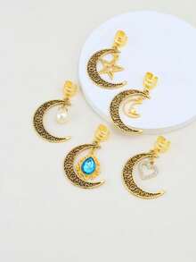 10/5pcs Moon, Star & Heart Shaped Pearl Hollow Rhinestone Inlaid Hair Clips, Fashion Hair Accessories, Eid Gift - Multicolor - View 1