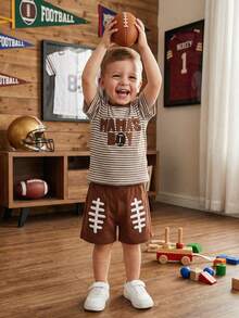 Toddler Baby Boy Summer Outfits Letter Baseball/Football /Rugby Embroidery Short Sleeve T Shirt And Plaid Shorts 2 Pcs Set, Toddler Baby Boy Football Clothing Set, - 卡其色 - 查看 3