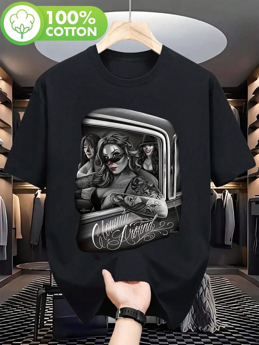 Plus Size-Funny Men's And Women's Round Neck T-Shirt Women's Fashion T-Shirt,Street Style- Casual Printed T-Shirt-D Gonzales Men's Chicano DGA Art T-Shirt- Lowrider Chola Graphic Tee With Chicano Style, Comfortable Round Neck Short Sleeve Casual Wear, Outdoor Activities& Spanish-Language Events 180g - 黑色 - 查看 1