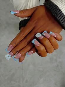 Bộ 10 móng giả Y2K Nails Chic Duckbill - Làm thủ công, móng màu hồng, móng màu xanh dương, móng kiểu Pháp màu xanh dương và trắng, hoa 3D thủ công, nghệ thuật vẽ móng hoa xanh 3D, hoa nhỏ màu trắng và điểm nhấn đá vàng, móng giả thủ công tinh tế và duyên dáng. - Nhiều màu - Xem 5