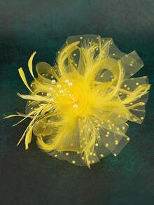 1pc Women's Tea Party Derby Hat With Mesh Veil And Ribbon,Summer,Beach - Yellow - View 7