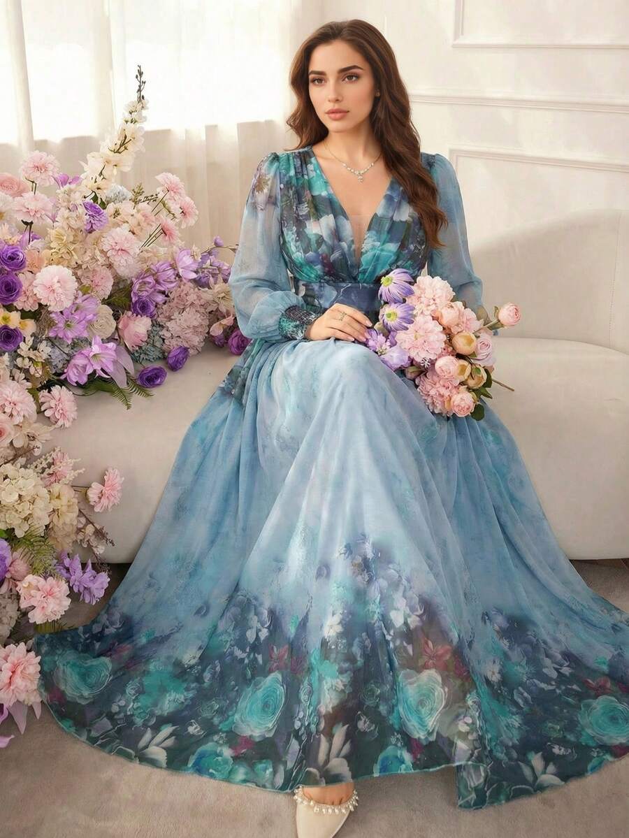 Elegant Women's Long Sleeve Sweetheart Neck Floral Knit A-Line Maxi Dress With Ruffle Details Spring Vacation - Multicolor - View 1