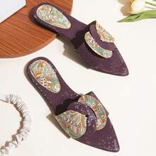 Women's Fashion Flat Casual Slippers, Color Block Design Open Toe Sandals For Summer - Burgundy - View 9