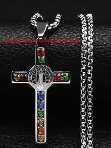 1 pieza Collar de acero inoxidable con cruz católica clásica de Jesús, colgante de cristal de San Benito y Virgen María, crucifijo, joyería para hombre, Cruz - collar de acero inoxidable - Ver 10