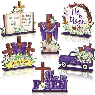 Religious Easter Table Decor Set - "He Is Risen" Wooden Table Center Piece, Religious Theme Wooden Decor, Easter Cross, Farmhouse Style Tiered Tray Decor, Home & Kitchen Decoration, Spring And Easter Seasonal Decor (Cross Design)