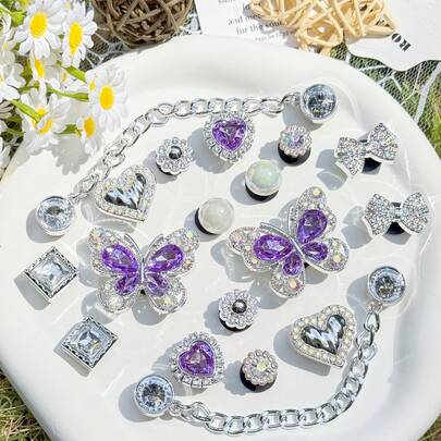 18pcs Silver & Purple Chain Butterfly, Heart, Bow Beaded Shoe Clips, Suitable For Sandals, Garden Shoes, Beach Shoes, Slippers, Detachable DIY Accessories
