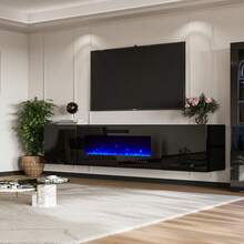 Floating Fireplace TV Stand, Wall Mounted Mirrored Entertainment Center With 40'' Electric Fireplace, Modern LED Lights Media Console For TVs Up To 90'', Stylish Floating TV Stand Furniture, All Black - màu đen - Xem 12