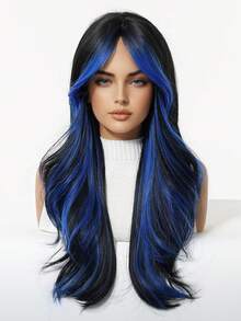 Peluca sintética ondulada de 32 pulgadas con efecto ombré, peluca rizada resistente al calor para uso diario, fiestas y cosplay - Resaltar azul - Ver 3