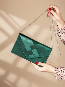 Tas Clutch Malam Bergaya dengan Hiasan Satin, Tas Bahu Model Amplop - Hijau - View 4