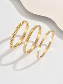 3件套不锈钢四叶草立方氧化锆手镯，简约闪亮手镯，适合日常佩戴，可混搭时尚首饰 - 金黃色 - 查看 6