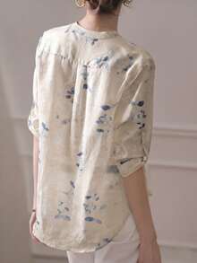 YUXIN 女士柔雾蓝水彩花卉印花立领七分袖上衣 | 透气混纺罗纹袖口修身办公/度假上衣，春夏款 - 鵝黃色 - 查看 3