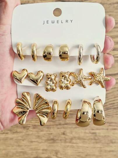 Juego de 6/18 pendientes con baño de oro - Que incluye diseños únicos de estrella de mar, corazón, oso de peluche, aros en forma de C, combinados con pendientes tipo botón y lágrima con acabado brillante, aptos para uso diario y fiestas
