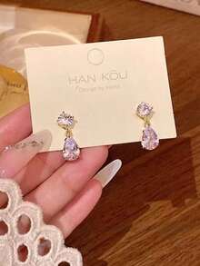 1对优雅银色吊坠耳环，立方氧化锆水滴形新娘耳环，精致银色伴娘首饰 - 彩色 - 查看 5