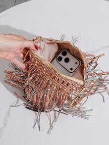 Fashionable & Elegant Rhinestone Tassel Decor Handbag, Evening Clutch - Champagne - View 9