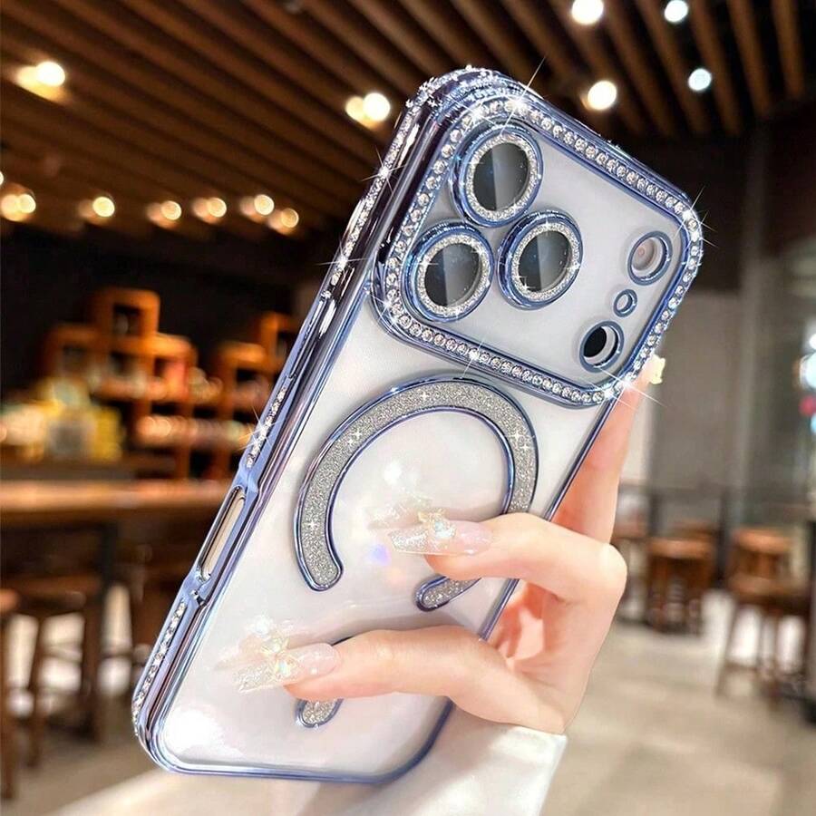 Hadaasi 1件裝皇家藍時尚塗層亮片鑽石透明保護殼，適用於Apple 17 Pro Max、17 Pro、17 Air、17、17e，兼容Apple 18 Pro/18 Pro Max/18/16、15、14、13、A12、11 Pro Max Plus，支持無線充電，耐用防摔保護殼，水鑽設計，時尚情侶款，Apple用戶適用，17 Pro Max手機殼，17 Pro Max無線充電手機殼