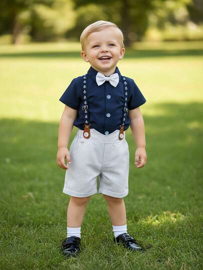 BOARNSEORL Bộ trang phục lịch lãm 2 món cho bé trai - Áo sơ mi ngắn tay màu xanh hải quân kèm nơ và quần yếm kẻ sọc, thời trang và phong cách cho tiệc sinh nhật, sự kiện trang trọng, đám cưới, biểu diễn hợp xướng.