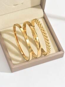 3件套不锈钢四叶草立方氧化锆手镯，简约闪亮手镯，适合日常佩戴，可混搭时尚首饰 - 金黃色 - 查看 5