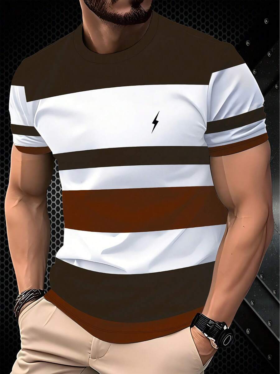 男士休闲圆领3D条纹印花T恤，透气舒适，可机洗。100%聚酯纤维，面料光滑轻盈，轻薄透气，适合夏季穿着。 - 彩色 - 查看 1