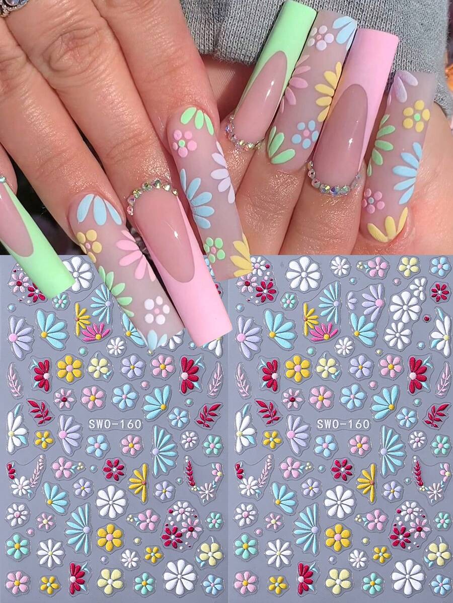 2片/套 春夏彩色5D立体花卉美甲贴纸，优雅白色、粉色、紫色花朵图案美甲贴花，自粘式DIY法式美甲用品 - 彩色 - 查看 1