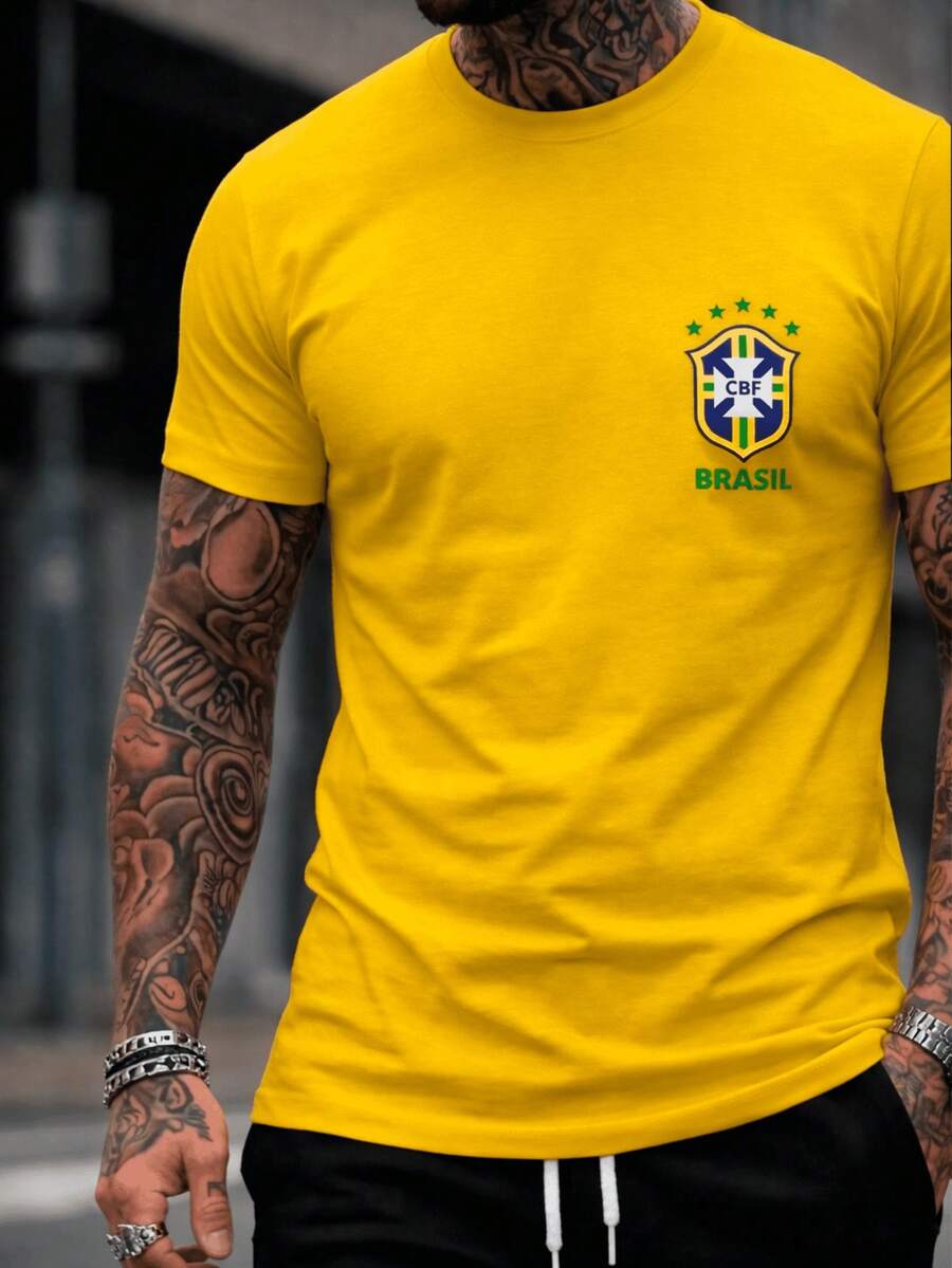 Camisa Brasil Básica Unissex Hexa Copa 2026 Camiseta Streetwear Seleção Torcedor Escudo - Amarelo - Visão 1