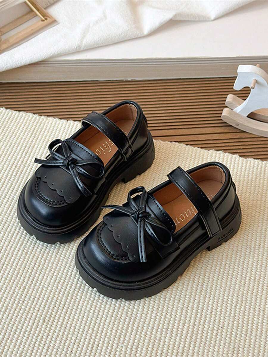 1 Pair Girls' Shoes, Children's Bowknot Princess Shoes, Versatile Fashionable Little White Shoes, Toddler Hook And Loop Princess Shoes - Black - View 1