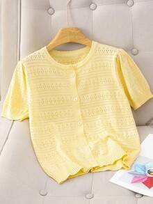 GIGOGOU Women's Breathable Knit Cardigan T-Shirt, Fashionable Short Sleeve Top, Spring/Summer - Yellow - View 5