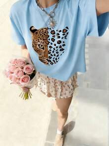 1pc Girls Casual Leopard Print & Letter Graphic Round Neck Short Sleeve T-Shirt, Summer Student Wear - Inspiring Imagination And Self-Expression - Baby Blue - View 3