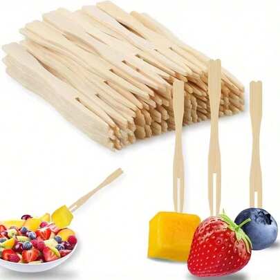 10/50/100/200/300/400/500pcs Smooth Bamboo Double-Prong Food Picks, Fruit Salad Forks For Home, Party, Wedding, Afternoon Tea, Versatile Appetizer Skewers
