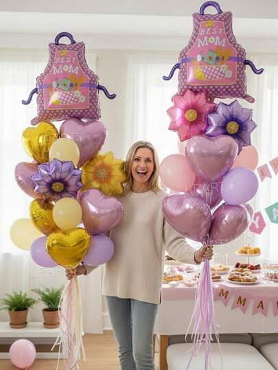 11件套母亲节派对装饰气球，围裙形铝箔气球，18英寸向日葵形气球（品红色/紫色/黄色），18英寸心形气球（紫色/金色/浅粉色），适合妈妈生日、妻子生日派对装饰