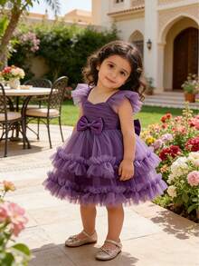 Vestido de fiesta y noche para niña bebé con malla, patchwork y decoración de lazo - Morado - Ver 4