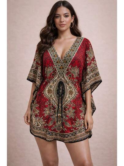Kaftan Feminino Curto Estampado  Saída de Praia  Vestido Verão Bata Indiana Boho  Casual