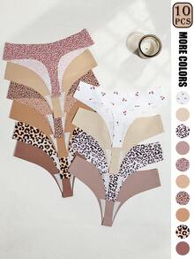 10条装无缝女士丁字裤，柔软舒适的尼龙混纺内裤，棕紫色调，低腰，弹性贴合，不透明，舒适内衣 | 简约风格 | 弹性尼龙混纺 - 彩色 - 查看 2