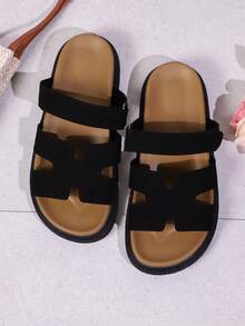 Sandalias planas cómodas con suela gruesa y punta abierta para mujer, zapatos básicos de uso diario, casual y para vacaciones en la playa - Negro - Ver 5