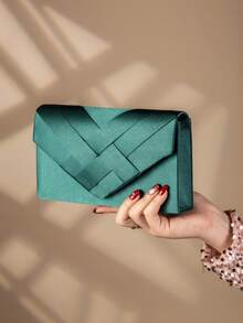 Tas Clutch Malam Bergaya dengan Hiasan Satin, Tas Bahu Model Amplop - Hijau - View 3